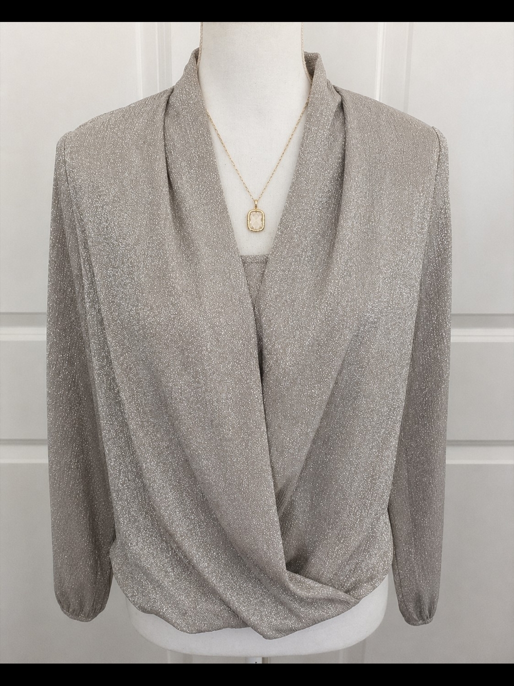 Alfani Metallic Champagne Silver Shimmer Faux Wrap Blouse Long Sleeve Sz 4